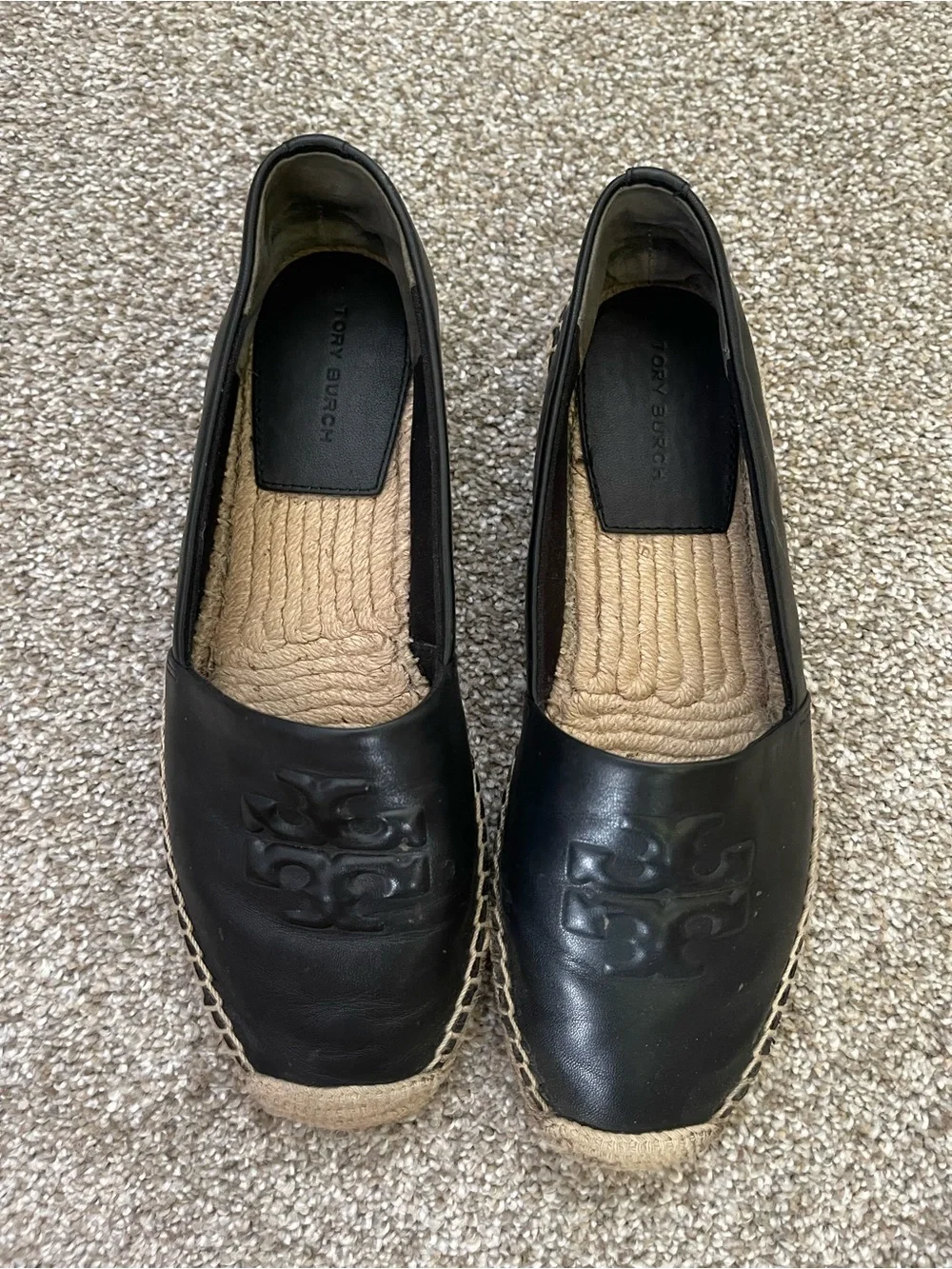 Tory Burch Black Leather Espadrille Slip-On Flats